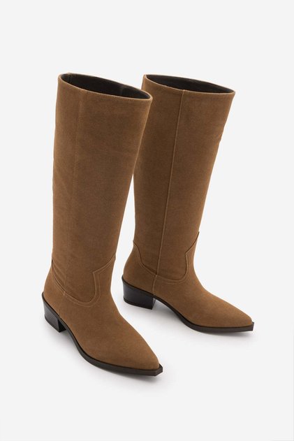 Women's Pointed Toe Cowboy Bellows Zipperless Western Boots Mivez Tan Suede