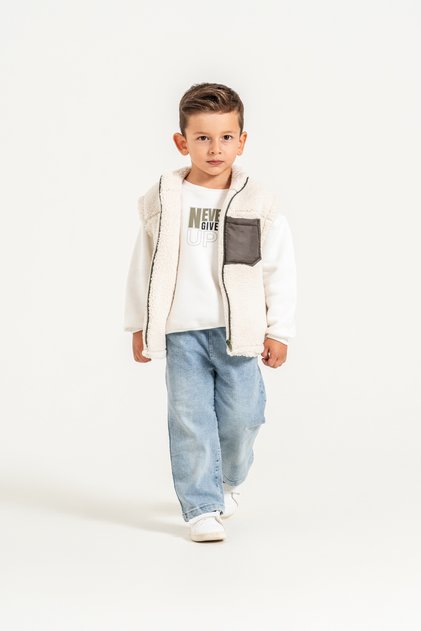 Boy's Pocket Detailed Plush Vest, Printed Sweatshirt and Jeans 3-Piece Set 8308 Wnt