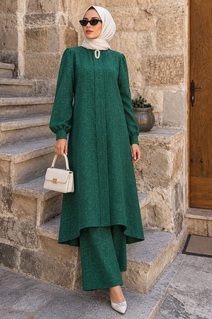 Jacquard Green Hijab Double Set 76671Y
