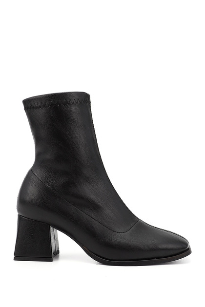 Women's Black Zippered Blunt Toe Thick Heeled Stretch Boots