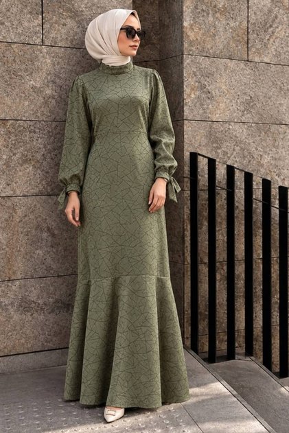 Patterned Green Hijab Satin Dress 4457Cy