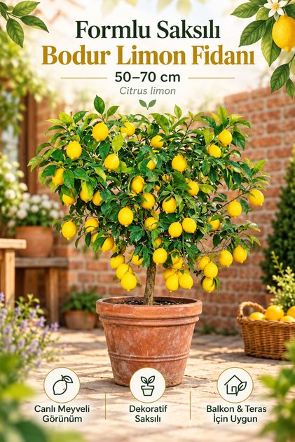 Formlu Saksılı Bodur Limon Fidanı (MEYVELİ) 2 Yaş Limon Ağacı Fidanı Yediveren Mayer Limon Fidesi