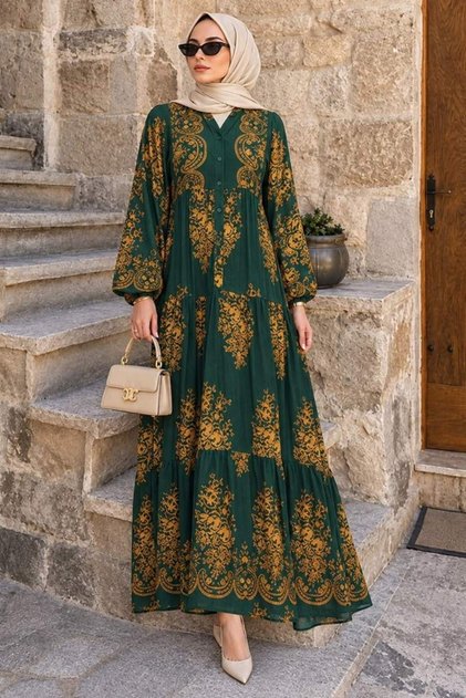 Patterned Emerald Green Hijab Dress 3035Zy