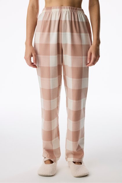 Bej Quinn Checked Pamuklu Flanel Ekoseli Pijama Altı