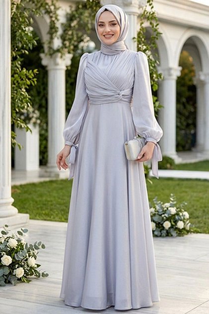 Rochie de seară hijab gri cu detaliu drapat 4823GR