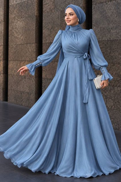 - Indigo Blue Hijab Evening Dress with Tie Detail 48051Im