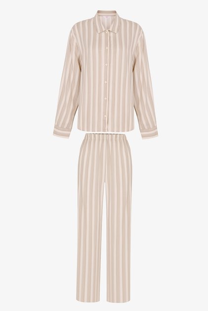 Ecru Not Today Striped Long Sleeve Buttoned Shirt Trousers Pajama Set