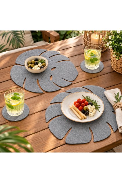 2-Piece Leaf Design Felt Coffee Food Serving American Plate & Cutlery