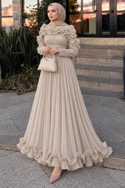 Ruffle Detailed Stone Hijab Evening Dress 55691Tas