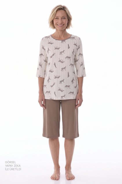 Beige Collagen Leopard Patterned 3/4 Sleeve Shorts Pajama Set