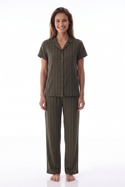 Khaki Rhea Satin Striped Short Sleeve Buttoned Shirt Pants Pajama Set