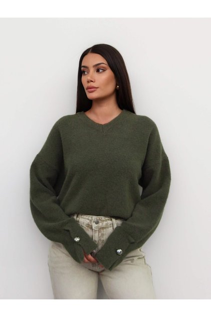 V-Neck Button Sleeve Soft Sweater