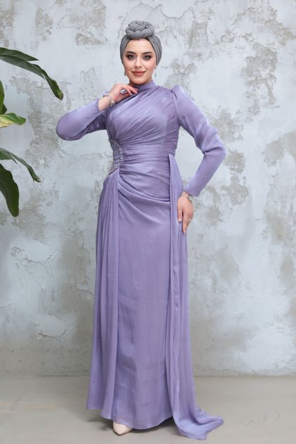 Drape Detailed Lilac Hijab Evening Dress 51481Lila