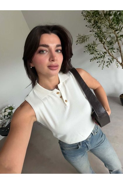 Ecru polo neck sleeveless soft blouse