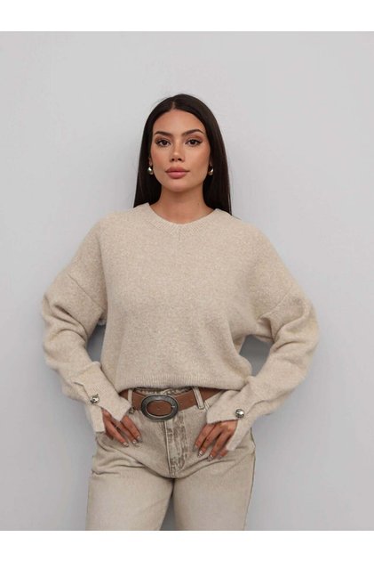 V-Neck Button Sleeve Soft Sweater