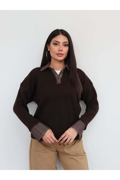 Buttoned Denim Detail Knitwear Sweater