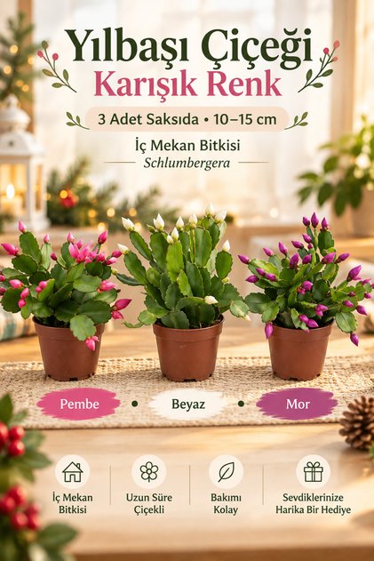 Videolu Yılbaşı Çiçeği Karışık Renk 3 Adet Saksıda 10-15cm Iç Mekan Bitkisi (SCHLUMBERGERA PURPLE)