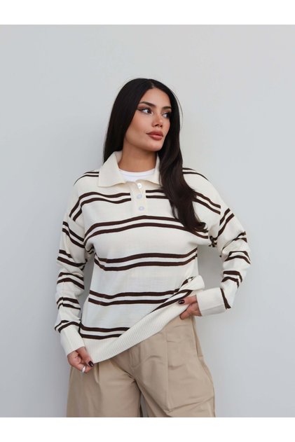 Striped Button Detail Knitwear Sweater