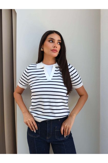 V-Neck Striped Short Sleeve Sweater