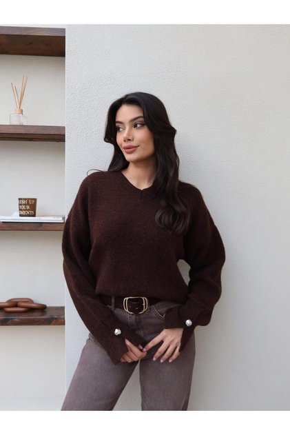 V-Neck Button Sleeve Soft Sweater