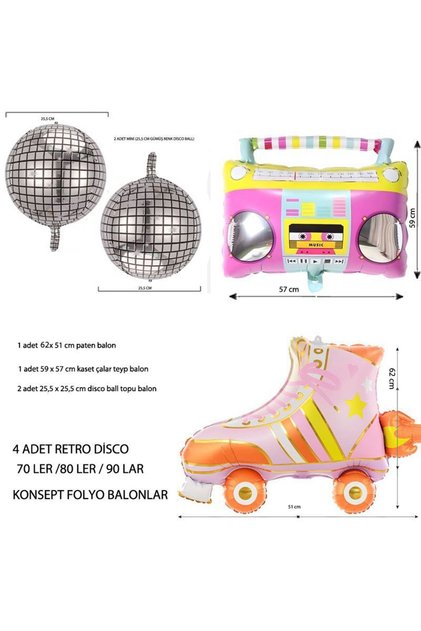 Retro Disko 80 Ler 90 Lar Party Teyp Balon Paten Şekilli Folyo Balon 4 Adet