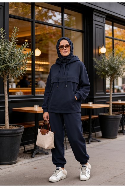 Kangaroo Pocket Modal Tracksuit Set – Hooded - Navy Blue
