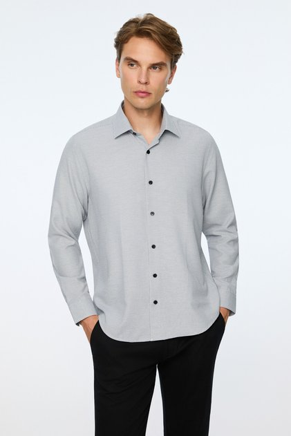 Men's Black Polyester Trendy Patterned Dynamic Fit Hard Collar Shirt