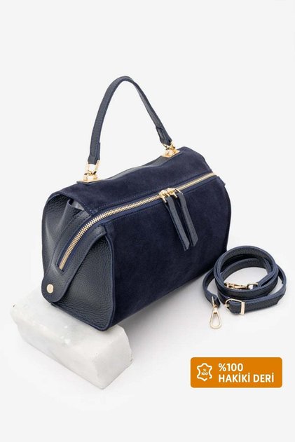 Women's Genuine Leather Suede Textured Zippered Long Strap Hand and Shoulder Bag Urelis Navy Blue Suede