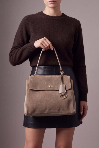 Women's Genuine Leather Lock-Detail Charms Hand and Shoulder Bag Rinyas Taupe Suede