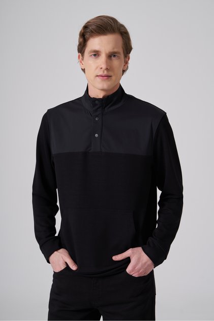 Erkek Siyah Trend Dik Yaka Dinamik Fit Sweat-Shirt