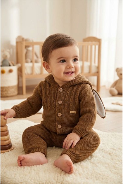 Unisex Knitwear Rabbit Eared Hooded Baby Jumpsuit Brown