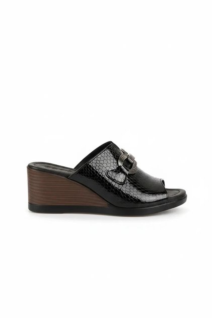 Women's Genuine Leather Wedge Heeled House Slippers Msa.519 Black Honeycomb
