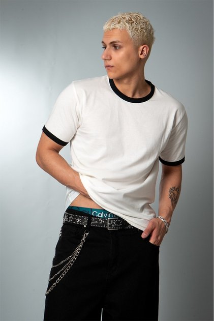 Essential Black Contrast Slim Fit White Men's T-Shirt