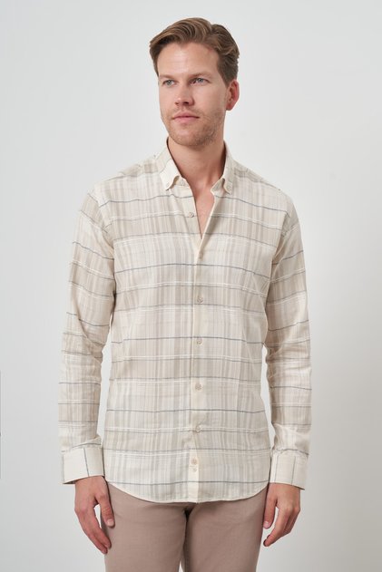 Men's Beige Cotton Trend Paneled Dynamic Fit Shirt