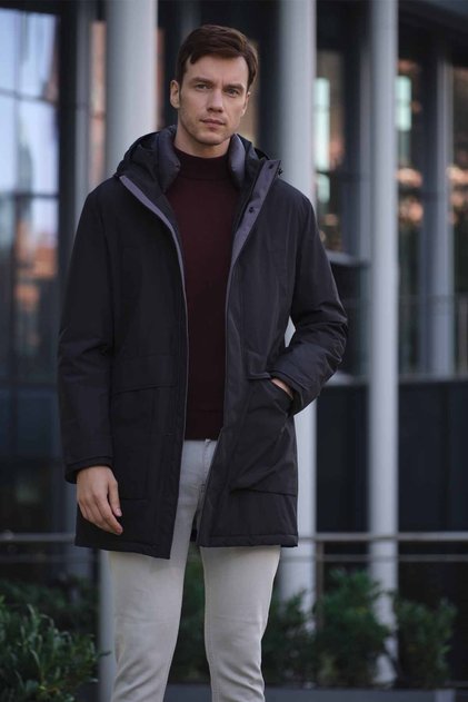 Men's Black Flora Snap-Up Hooded Dynamic Fit Comfortable Cut Coat