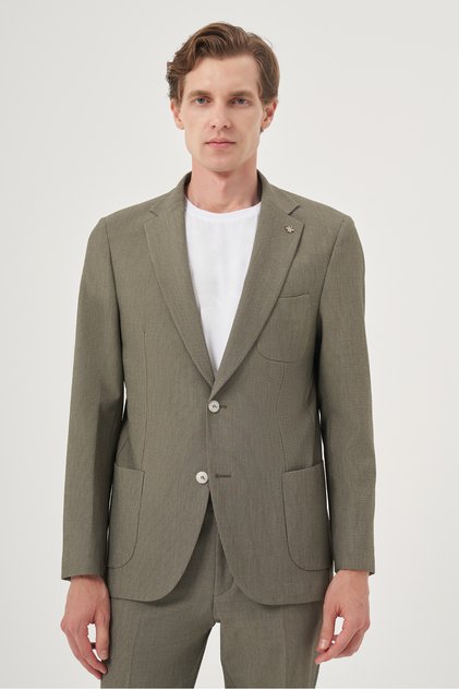 Men's Green Polyviscon Trend Striped Slim Fit Mono Collar Suit