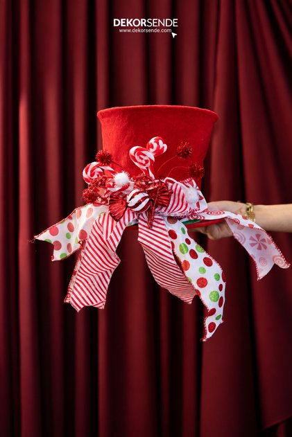 Christmas Ornament Spotted and Decorated Cylinder Elf Hat Red 24X45 cm