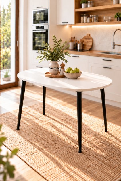 Melinda 70x110 Cm İskandinav - Bohem Oval Beyaz Tabla Mutfak - Yemek - Balkon - Çalışma Masası