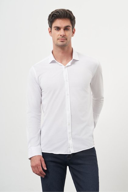 Men's White Trend Slim Fit Italian Collar Relaxible Shirt