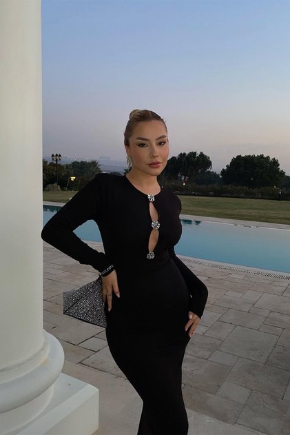 Black Long Dress with Stone Detail on the Front