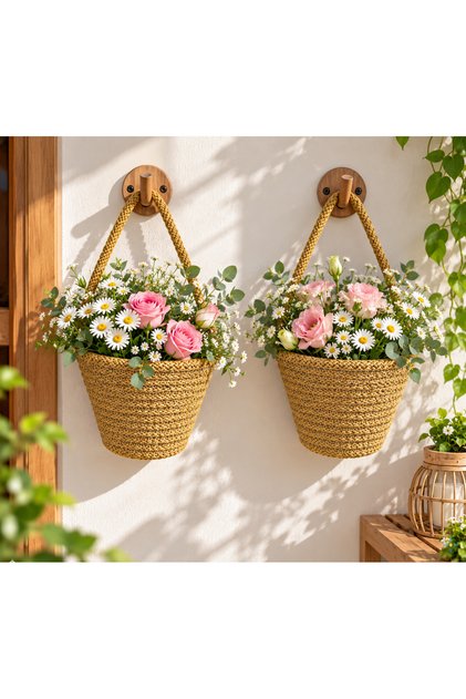 Basket Brown Mini Decorative 2-Piece Flower Pot 12X10 cm