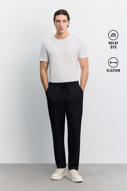 Men's Navy Blue Elastic Waist Lace-Up Easy-Iron Relaxed Fit Jogger Pants A62Y3041
