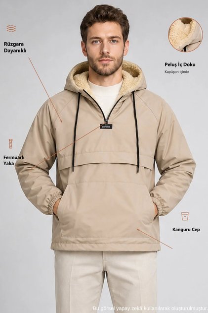 Men's Beige Slim Fit Plush Lined Hooded Kangaroo Pocket Water and Wind Resistant Coat