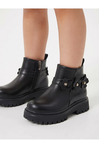 Girls' Black Color Zippered Short Domi Boots with Anti-Slip Soles