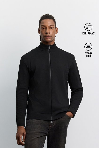 Men's Black Stand Collar Full Zipper Easy-Ironing Anti-Wrinkle Regular Fit Cardigan A62Y5055