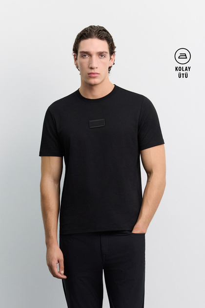 Men's Black Crew Neck Cotton Easy-Iron Regular Fit T-Shirt A62Y1022
