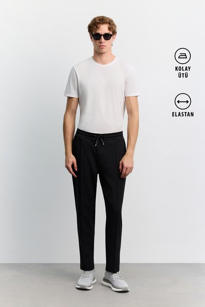 Men's Black Elastic Waist Lace-Up Ribbed Side Zipper Pocket Interlock Jogger A62Y3419