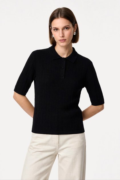 Women's Black Polo Neck Short Sleeve Knitwear Sweater