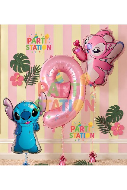 Stitch and Angel Balloon 9Th Birthday Set Pink Number 9 Foil Balloon & Party Decoration