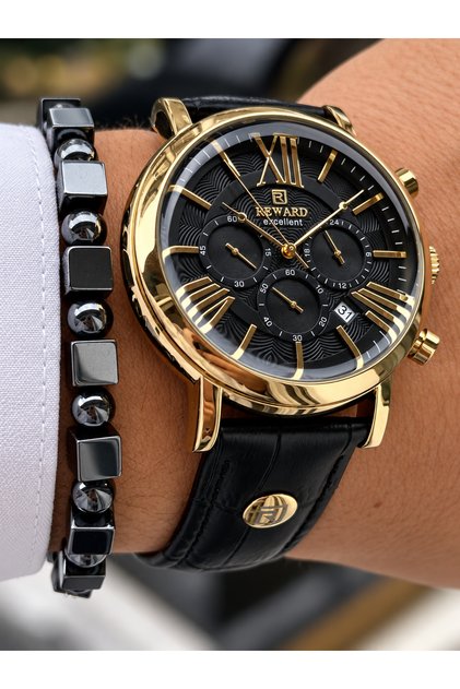 Black Color Leather Cord Roman Numeral Original Lock Function Men's Wristwatch + Bracelet as a Gift